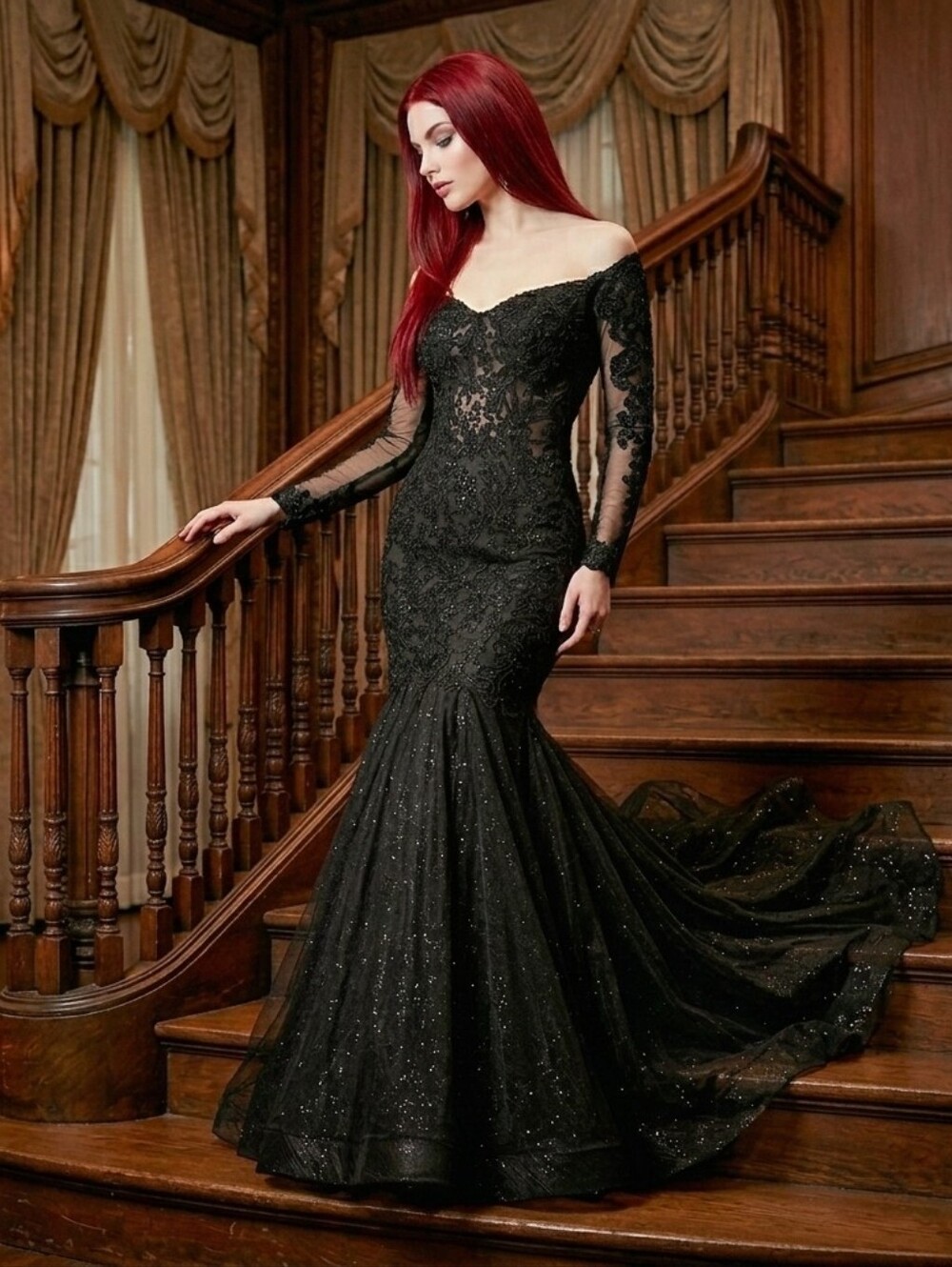 Morilee Black Gothic Wedding Prom Dress Mermaid Lace Tulle Beaded Size 4